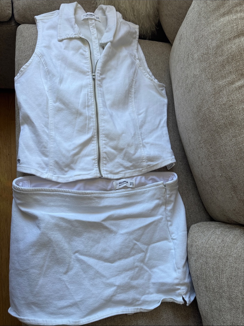 Pull&Bear White Denim Vest and Skirt Set, Size XL
